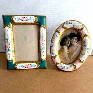 2 Vintage Hand Painted Photo Frames - Oval & Rectangular Each Holds 3.5x5 Pic